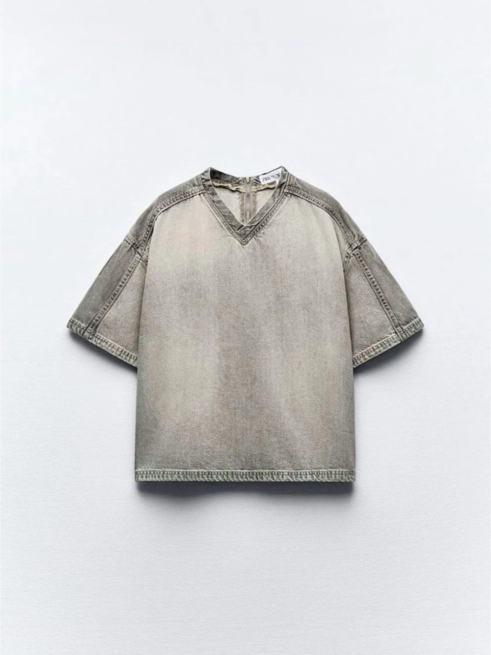 Zara Gray Denim V-Neck Short Sleeve Top